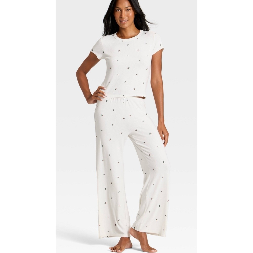 Auden Cozy Pointelle Pajama Set Womens‎ L White Holly Christmas Sleepwear